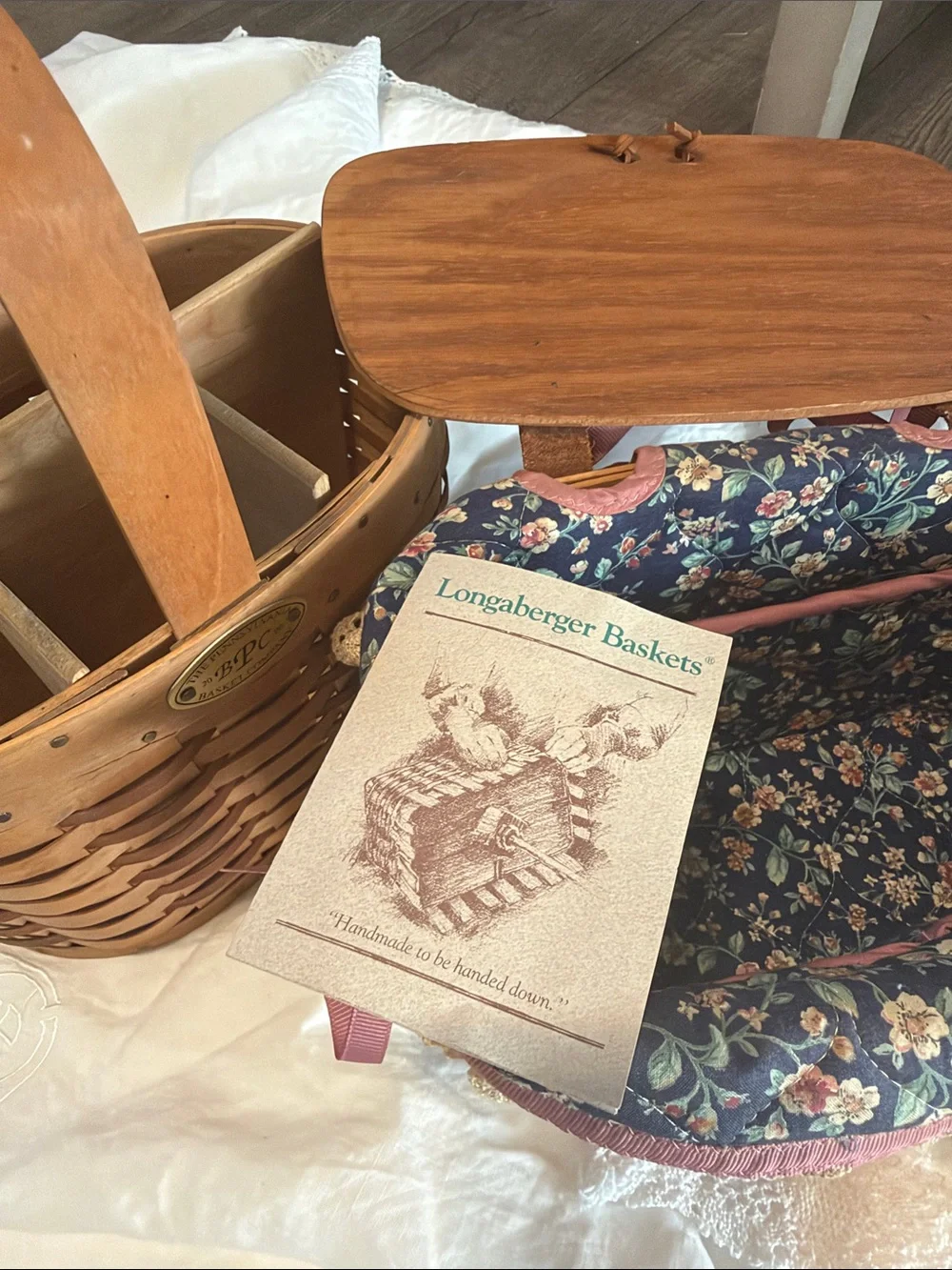 Longaberger Brown Woven Basket with Floral Navy and Cream Trim
